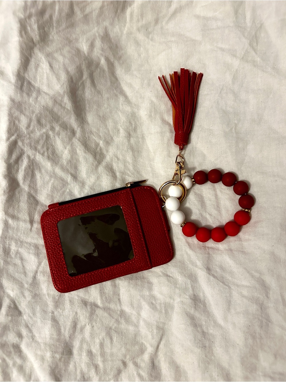 Red Tassel Wristlet Card Holder with Beaded Key Ring